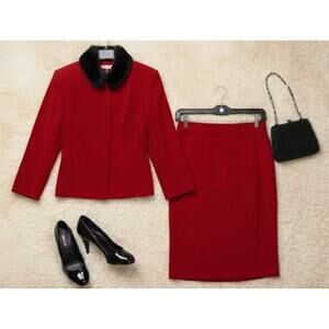 Vintage Red Two Piece Skirt Set Faux Fur Collar NWT